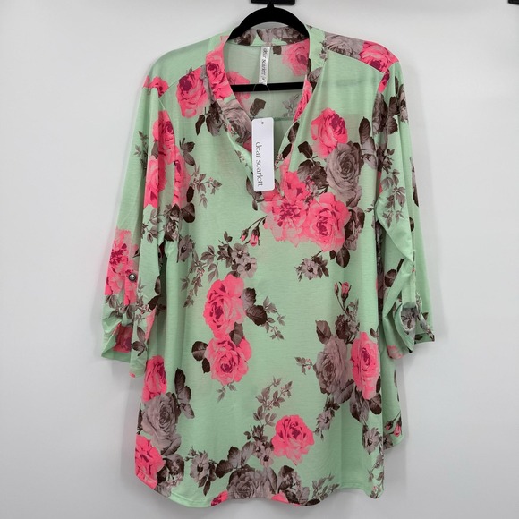 Dear Scarlett Tops - Dear Scarlett Tunic Shirt Womens 2X Green Floral V-Neck Roll Tab Liz Travel